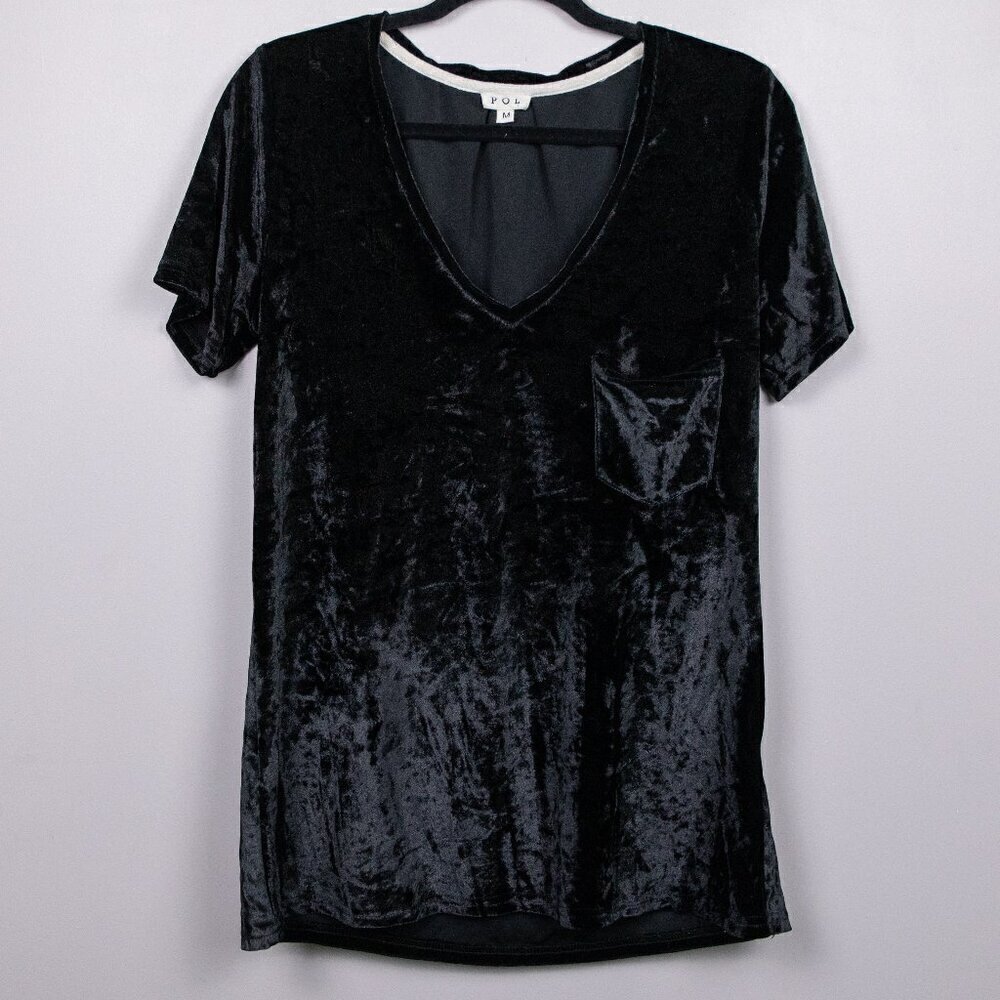 POL black velveteen v-neck tshirt-M